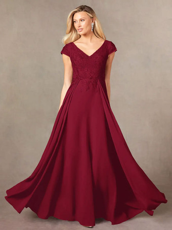 バーガンディーパーティードレス 花嫁の母用 Vネック 半袖 Aライン レース マキシレングス ゲストドレス 結婚式用