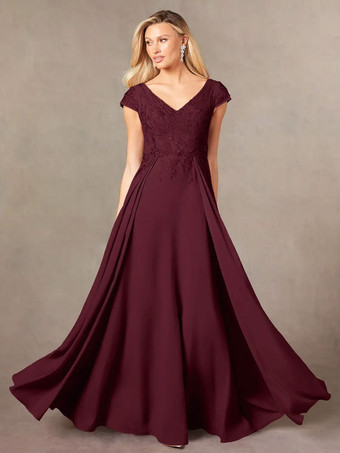 マルーンパーティードレス 花嫁の母用 Vネック 半袖 Aライン レース マキシレングス ゲストドレス 結婚式用