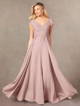 サーモンピンクパーティードレス 花嫁の母用 Vネック 半袖 Aライン レース マキシレングス ゲストドレス 結婚式用
