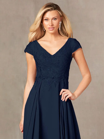 パーティードレス 花嫁の母用 Vネック 半袖 Aライン レース マキシレングス ゲストドレス 結婚式用