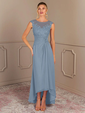 グレーブルーパーティードレス 花嫁の母用 ジュエルネック ノースリーブ Aライン プリーツ 結婚式のゲストドレス