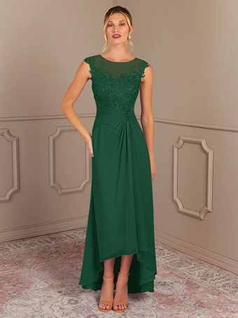 ダークグリーンパーティードレス 花嫁の母用 ジュエルネック ノースリーブ Aライン プリーツ 結婚式のゲストドレス