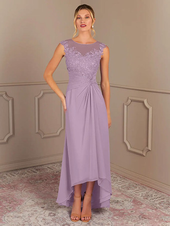 ライラックパーティードレス 花嫁の母用 ジュエルネック ノースリーブ Aライン プリーツ 結婚式のゲストドレス