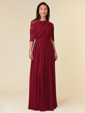 バーガンディー花嫁の母親のためのパーティードレス ジュエルネック ノースリーブ Aライン ビーズ フロアレングス ウェディングゲストドレス