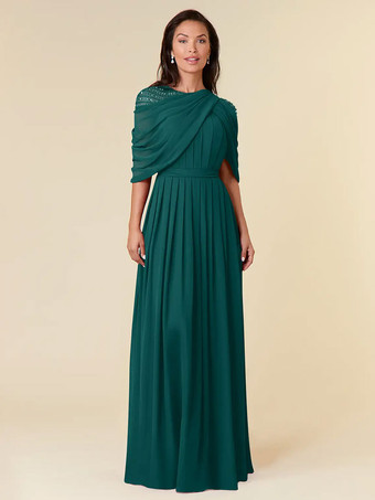 ダークグリーン花嫁の母親のためのパーティードレス ジュエルネック ノースリーブ Aライン ビーズ フロアレングス ウェディングゲストドレス