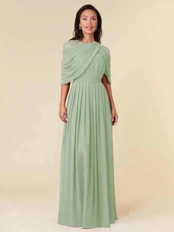セージグリーン花嫁の母親のためのパーティードレス ジュエルネック ノースリーブ Aライン ビーズ フロアレングス ウェディングゲストドレス