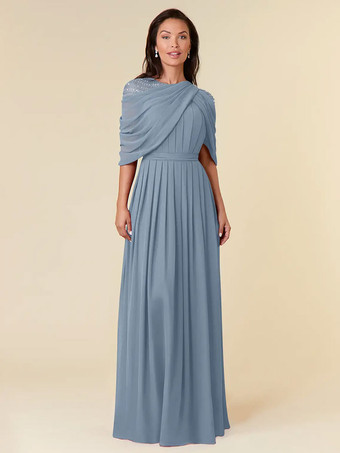 グレーブルー花嫁の母親のためのパーティードレス ジュエルネック ノースリーブ Aライン ビーズ フロアレングス ウェディングゲストドレス
