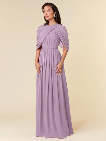 ラベンダー花嫁の母親のためのパーティードレス ジュエルネック ノースリーブ Aライン ビーズ フロアレングス ウェディングゲストドレス