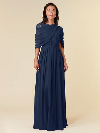 ダークネイビー花嫁の母親のためのパーティードレス ジュエルネック ノースリーブ Aライン ビーズ フロアレングス ウェディングゲストドレス