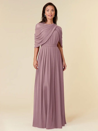 サーモンピンク花嫁の母親のためのパーティードレス ジュエルネック ノースリーブ Aライン ビーズ フロアレングス ウェディングゲストドレス