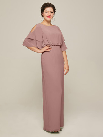 サーモンピンクブライダルマザードレス ジュエルネック 半袖 Aライン スプリットフロント ウェディングゲストドレス