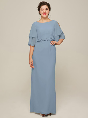 グレーブルーブライダルマザードレス ジュエルネック 半袖 Aライン スプリットフロント ウェディングゲストドレス