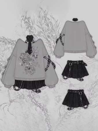 ゴシックロリータ衣装 グレーメタルディテール 花柄プリント 長袖スカートトップ