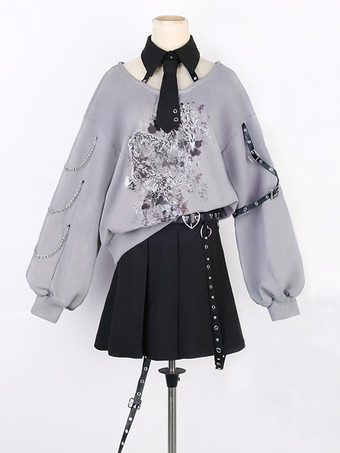 ゴシックロリータ衣装 グレーメタルディテール 花柄プリント 長袖スカートトップ