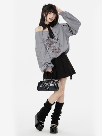 ゴシックロリータ衣装 グレーメタルディテール 花柄プリント 長袖スカートトップ