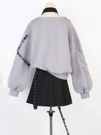 ゴシックロリータ衣装 グレーメタルディテール 花柄プリント 長袖スカートトップ