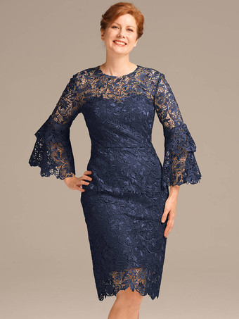 ダークネイビーパーティードレス 花嫁の母用 ジュエルネック 七分袖 ショートレース 膝丈ゲストドレス 結婚式用