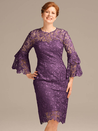 プラムパーティードレス 花嫁の母用 ジュエルネック 七分袖 ショートレース 膝丈ゲストドレス 結婚式用