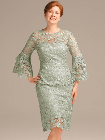 セージグリーンパーティードレス 花嫁の母用 ジュエルネック 七分袖 ショートレース 膝丈ゲストドレス 結婚式用