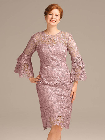 サーモンピンクパーティードレス 花嫁の母用 ジュエルネック 七分袖 ショートレース 膝丈ゲストドレス 結婚式用