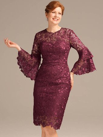 バーガンディーパーティードレス 花嫁の母用 ジュエルネック 七分袖 ショートレース 膝丈ゲストドレス 結婚式用