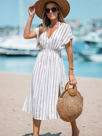 ボヘミアンドレス Vネック 半袖 ストライプ ハイスリット ドローストリング サマードレス