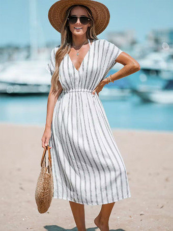 ボヘミアンドレス Vネック 半袖 ストライプ ハイスリット ドローストリング サマードレス