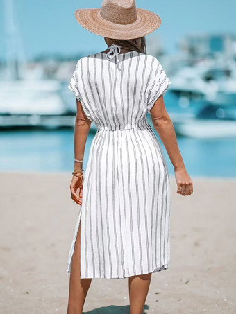 ボヘミアンドレス Vネック 半袖 ストライプ ハイスリット ドローストリング サマードレス