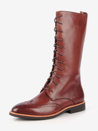 Braun Herren Brogue Echtleder Kniehohe Arbeitsstiefel Schuhe Spitzschuh Schnürschuh Flügelspitze