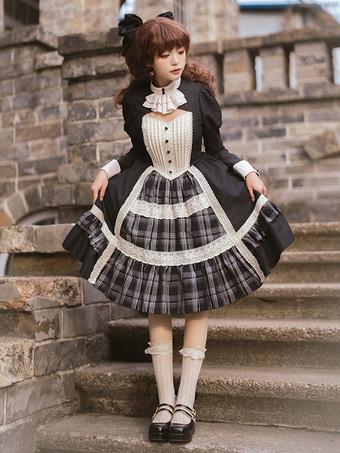 Gothic Lolita Dresses Bows Ruffles Plaid Black Black Lolitashow