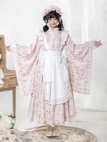 和風ロリータ衣装ロリータドレスポリエステルフリル花柄着物長袖ピンク