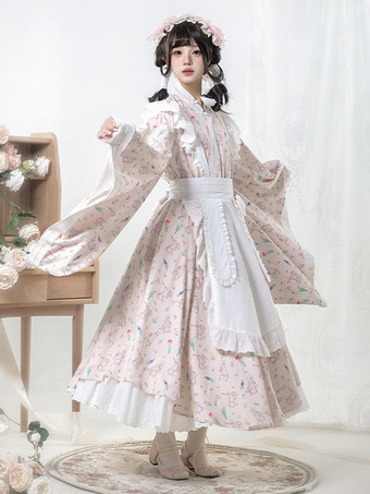 和風ロリータ衣装ロリータドレスポリエステルフリル花柄着物長袖ピンク