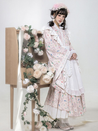 和風ロリータ衣装ロリータドレスポリエステルフリル花柄着物長袖ピンク