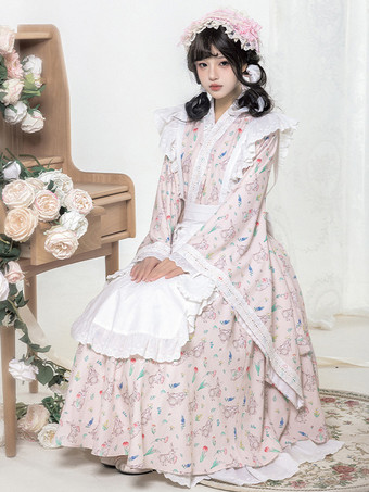 和風ロリータ衣装ロリータドレスポリエステルフリル花柄着物長袖ピンク