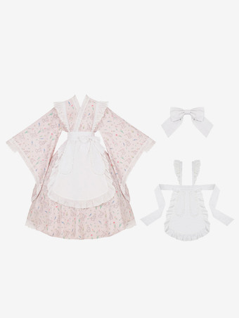 和風ロリータ衣装ロリータドレスポリエステルフリル花柄着物長袖ピンク