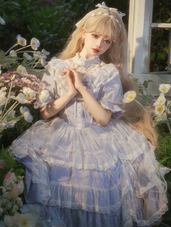 ラベンダーカラークラシックロリータドレスポリエステル半袖ラベンダーロリータドレス