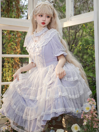 クラシックロリータドレスポリエステル半袖ラベンダーロリータドレス