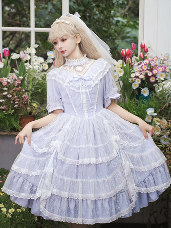 クラシックロリータドレスポリエステル半袖ラベンダーロリータドレス