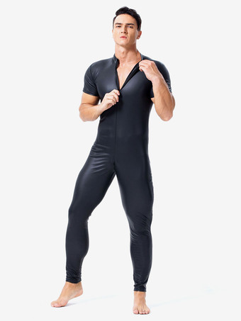 メンズ キャットスーツ PUレザー ブラック 半袖 ジャンプスーツ