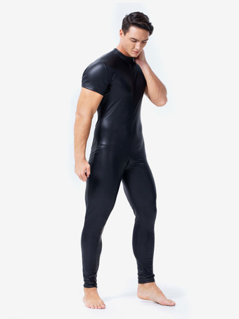 メンズ キャットスーツ PUレザー ブラック 半袖 ジャンプスーツ