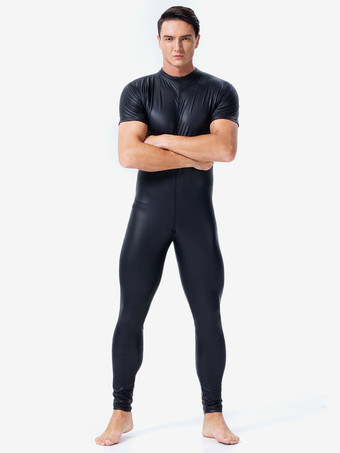 ブラック メンズ キャットスーツ PUレザー ブラック 半袖 ジャンプスーツ