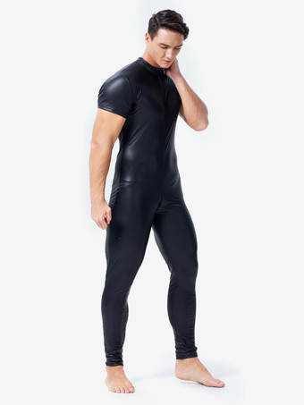 メンズ キャットスーツ PUレザー ブラック 半袖 ジャンプスーツ