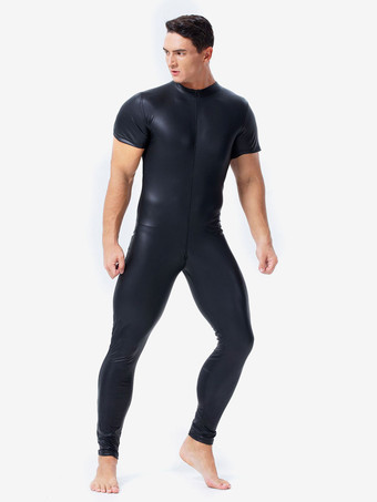 メンズ キャットスーツ PUレザー ブラック 半袖 ジャンプスーツ