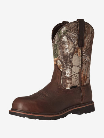 SchokoladefarbeHerrenstiefel Cowboystiefel PU-Leder mit runder Spitze und halbhoher Stiefelette in Schokoladenbraun