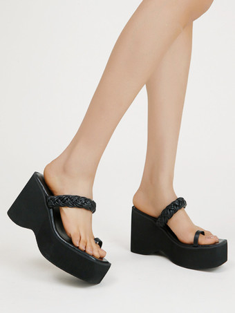 ブラック ウェッジ スリッパ レディース トゥループ プリーツ ウェッジヒール スライドサンダル