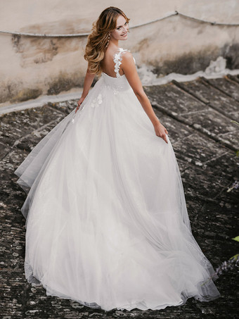 レース ウェディングドレス トレーン Aライン ノースリーブ レース 恋人ネック ブライダルドレス