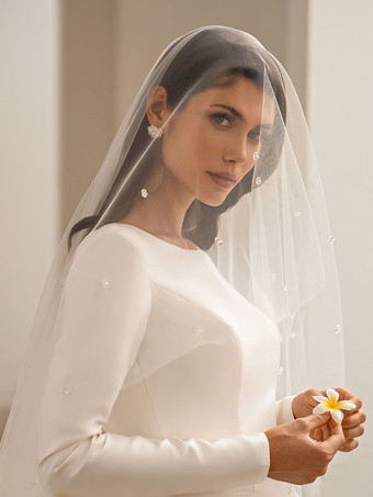 ヴィンテージウェディングドレス ジュエルネック ロングスリーブ ナチュラルウエスト サテン生地 トレーンリボン付き ブライダルガウン