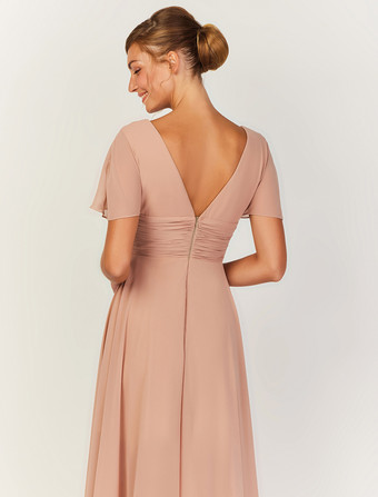 ブラッシュピンクのブライズメイドドレス Vネック バックレス Aライン シフォン ウェディングパーティー マキシドレス