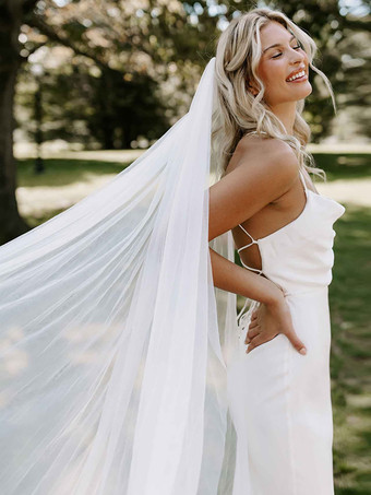 ホワイト ウェディングベール 1層チュール カットエッジ クラシックブライダルベール