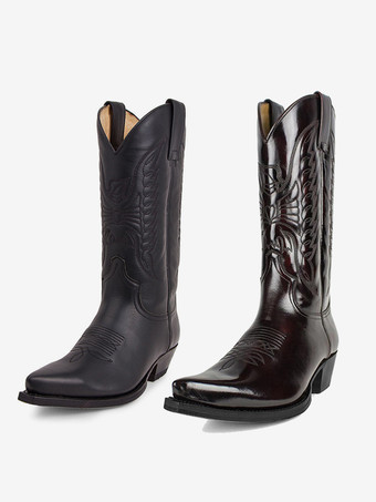 Botas de hombre Botas de vaquero Botas de media pantorrilla de punta puntiaguda de color marrón oscuro